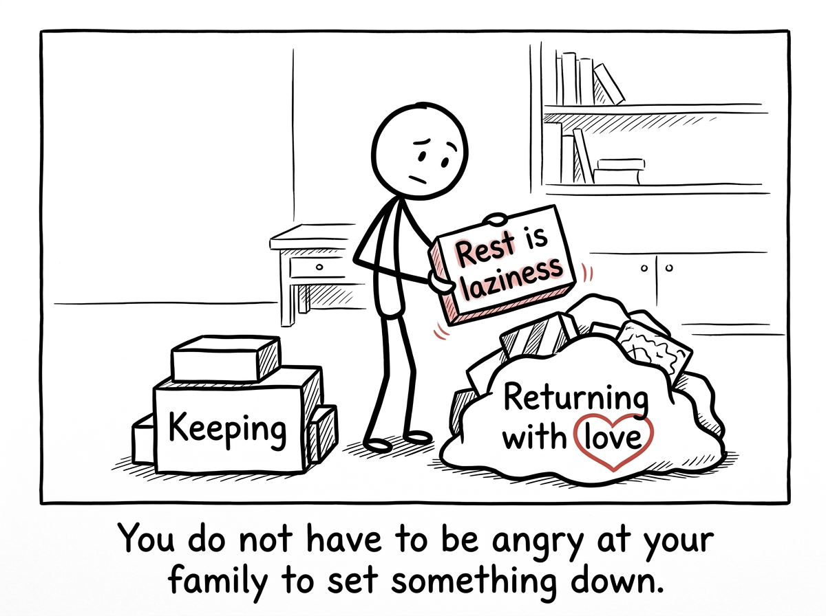 The stick figure sorting beliefs into two piles: one labeled 'Keeping' and one labeled 'Returning with love.' They hold a belief labeled 'Rest is laziness' over the return pile