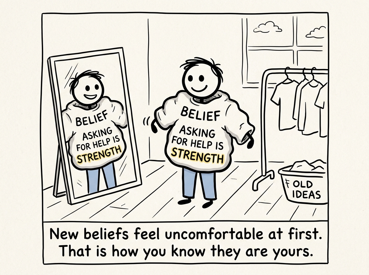The stick figure trying on a new belief like a piece of clothing -- it reads 'Asking for help is strength.' It fits awkwardly but they are smiling