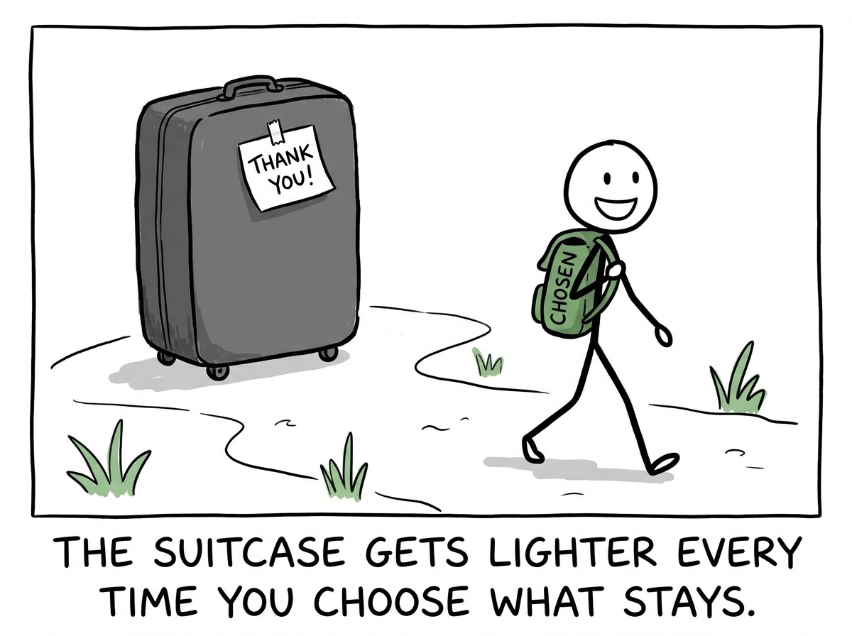 The stick figure walking forward with a much lighter bag labeled 'Chosen,' leaving the oversized suitcase behind with a small thank-you note on top