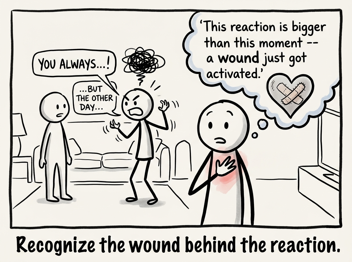 A stick figure in a heated moment pauses and notices a familiar surge of panic, thinking 'This reaction is bigger than this moment -- a wound just got activated'