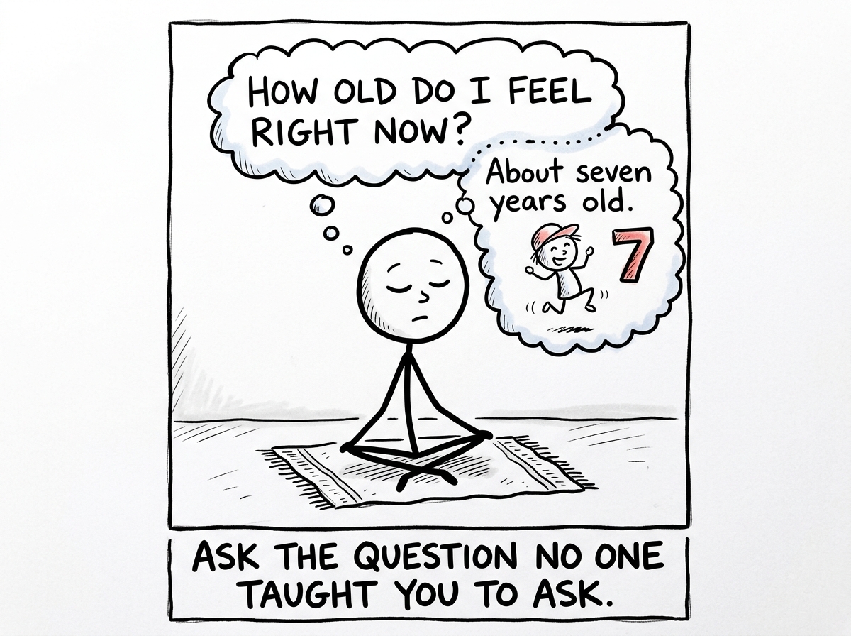 The stick figure closing their eyes and asking inward 'How old do I feel right now?' and sensing the answer is about seven years old