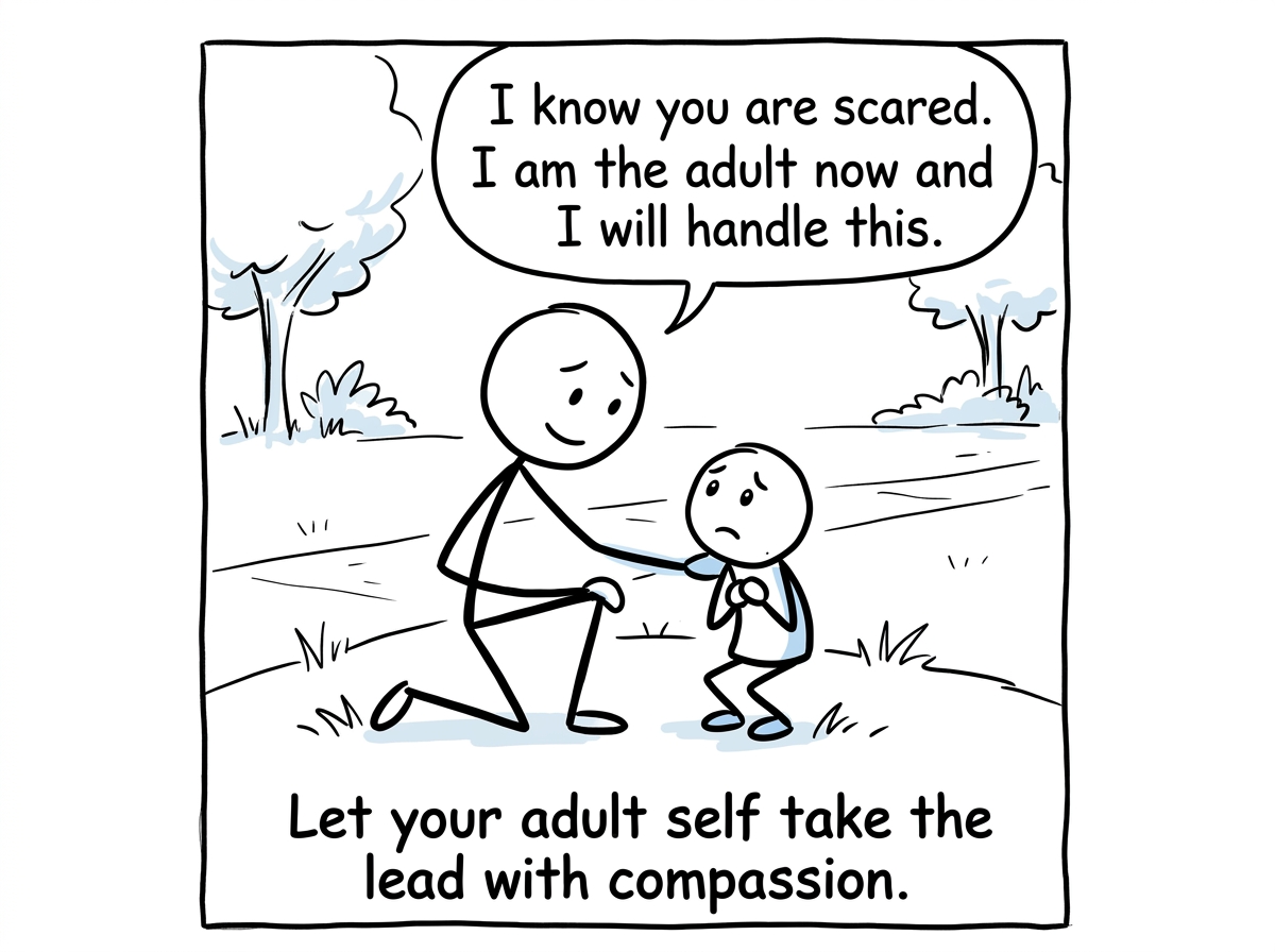 The stick figure speaking gently to the younger part of themselves: 'I know you are scared. I am the adult now and I will handle this'