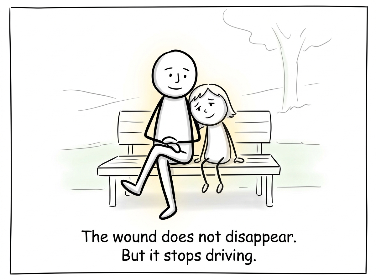 The stick figure and their inner child sitting side by side, the child looking relieved, the adult looking calm and grounded