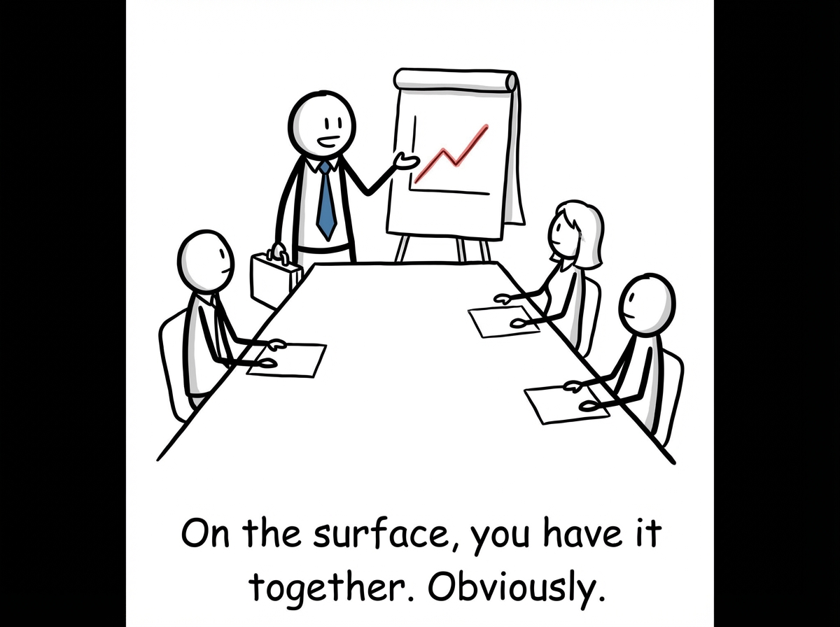 A stick figure standing confidently at the head of a conference table, presenting to colleagues. They look professional, composed, in control. Caption: 'You, running the meeting like the capable adult you are'