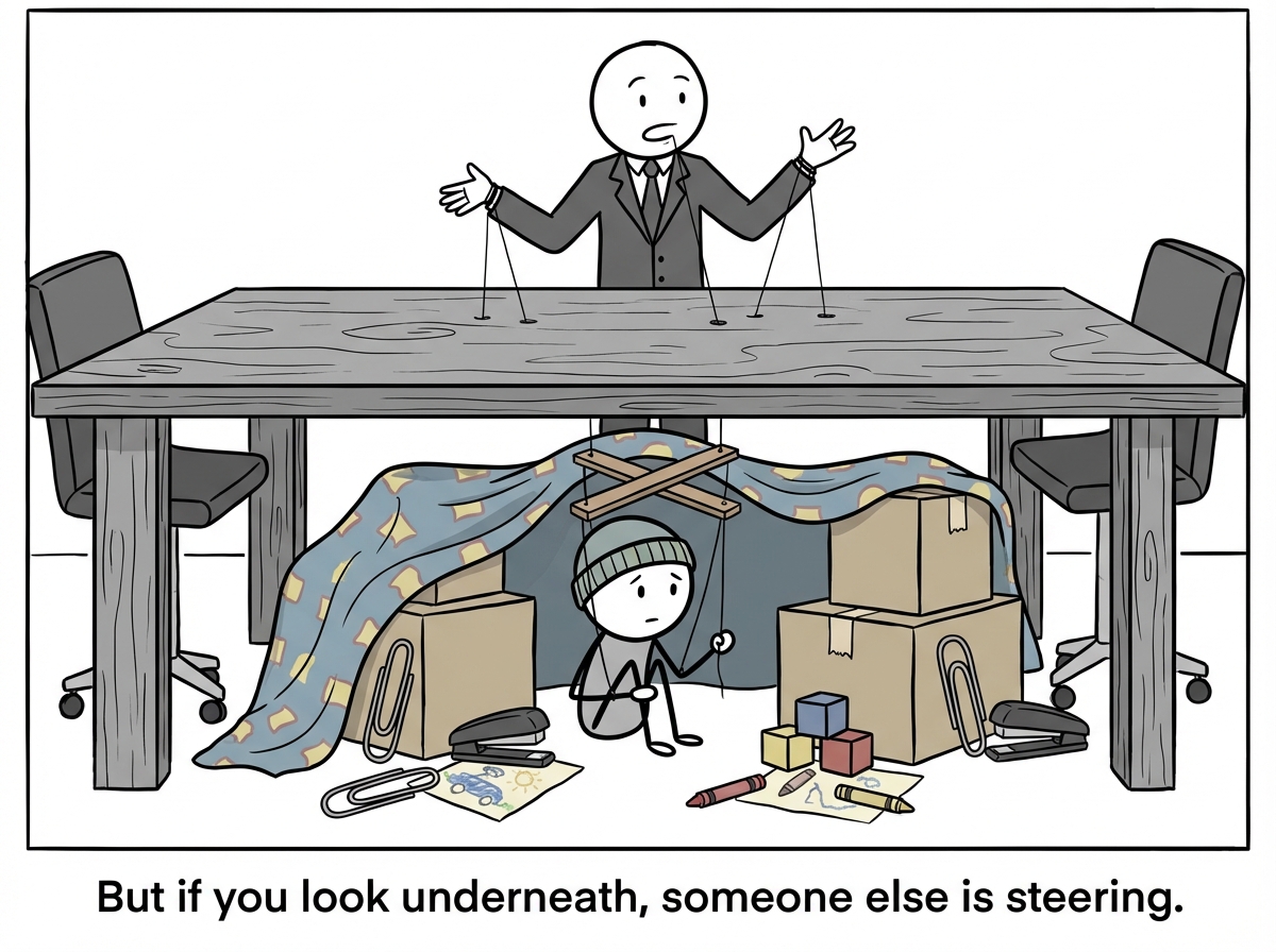The camera pans below the conference table. A small child version of the stick figure is huddled in a blanket fort made of office supplies and childhood memories. They are holding puppet strings that go up through the table and connect to the adult's arms and mouth