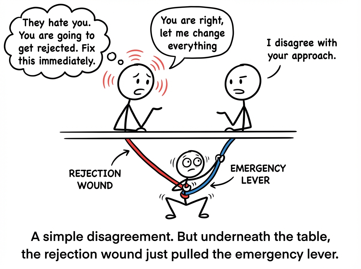 A colleague says 'I disagree with your approach.' The child under the table panics, yanking the strings. The adult above suddenly feels a wave of hot shame and hears an internal voice say 'They hate you. You are going to get rejected. Fix this immediately.' The adult's mouth says 'You are right, let me change everything'