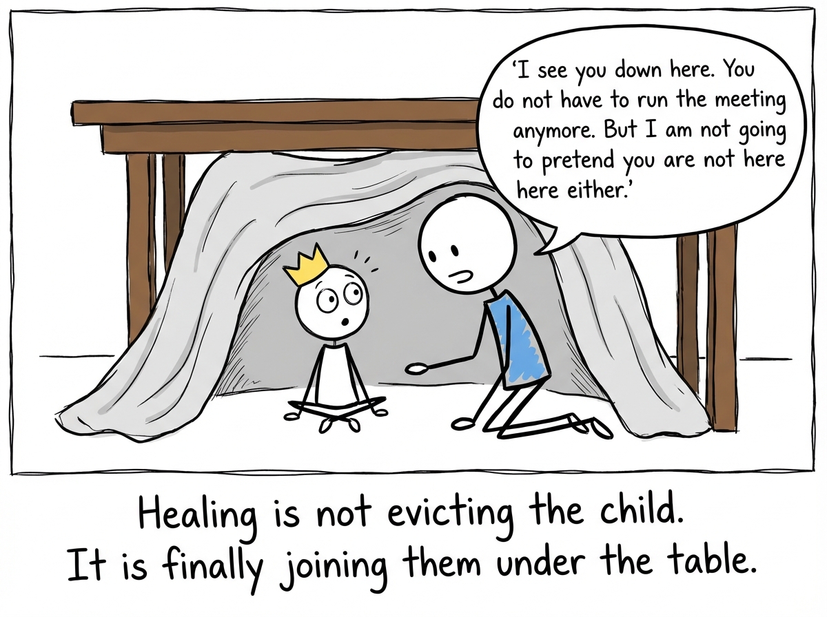 The adult stick figure finally crawls under the table and sits next to the child in the blanket fort. The child looks surprised. The adult says 'I see you down here. You do not have to run the meeting anymore. But I am not going to pretend you are not here either.' They sit together