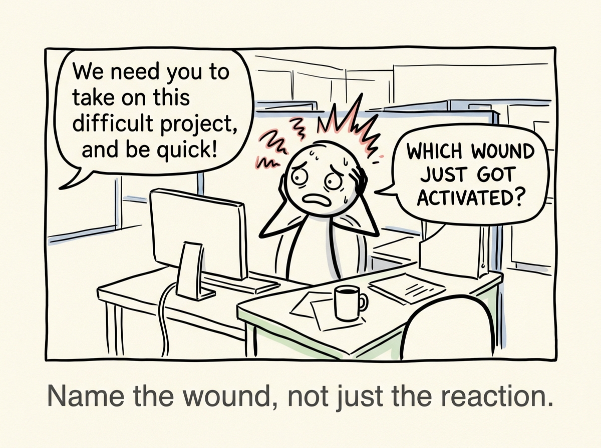 A stick figure feeling a surge of panic after being challenged at work, pausing to ask 'Which wound just got activated?'