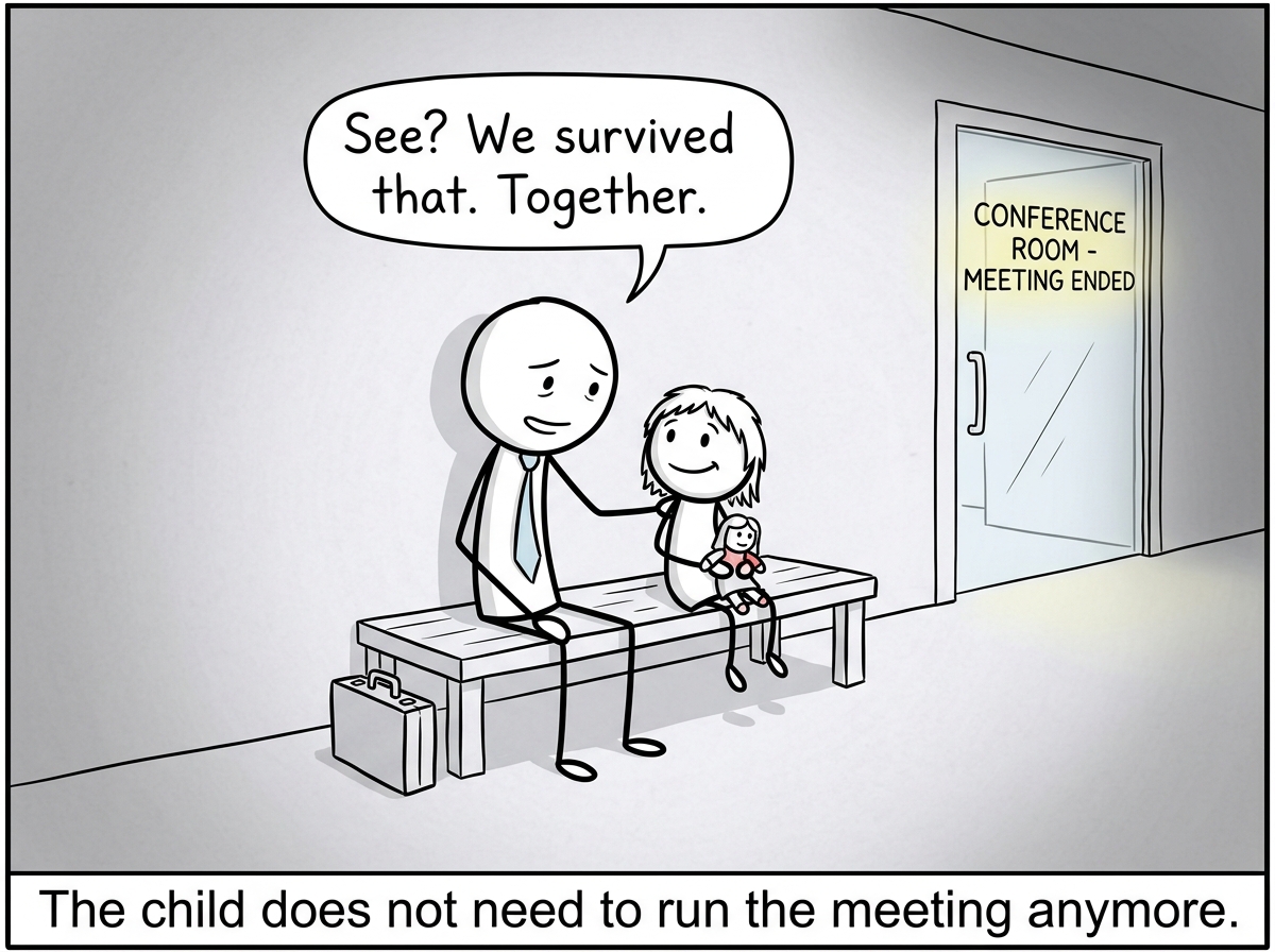 The stick figure after the meeting, sitting quietly with the inner child, saying 'See? We survived that. Together'