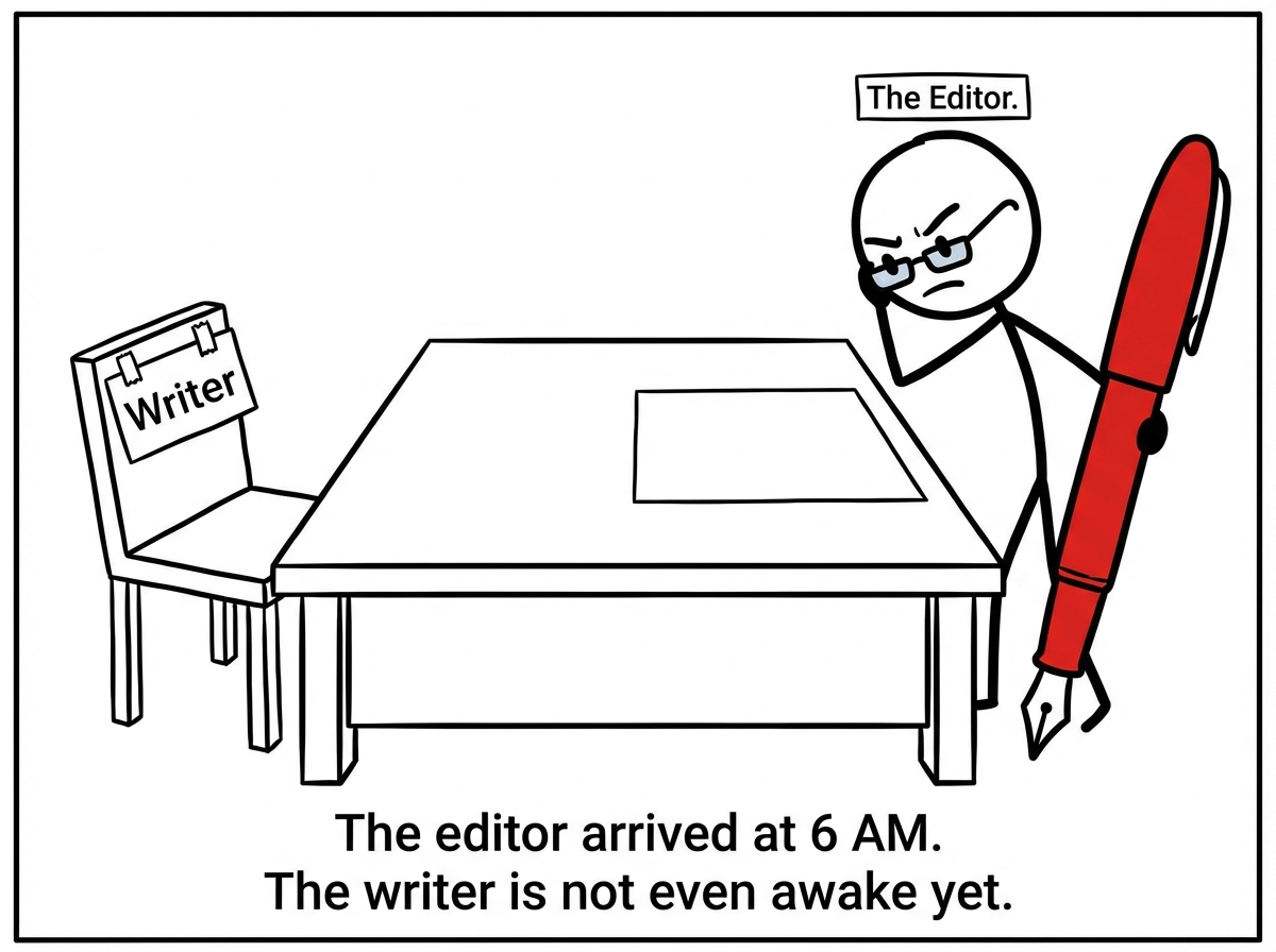 A large desk sits in the center of the frame with a blank sheet of paper on it and an empty chair labeled 'Writer.' Beside the desk, a stern stick figure labeled 'The Editor' has already pulled up a chair. The editor wears tiny reading glasses and holds an enormous red pen -- comically oversized, almost as tall as they are. They are leaning over the blank paper with intense scrutiny, red pen poised and ready. The writer's chair is conspicuously empty.