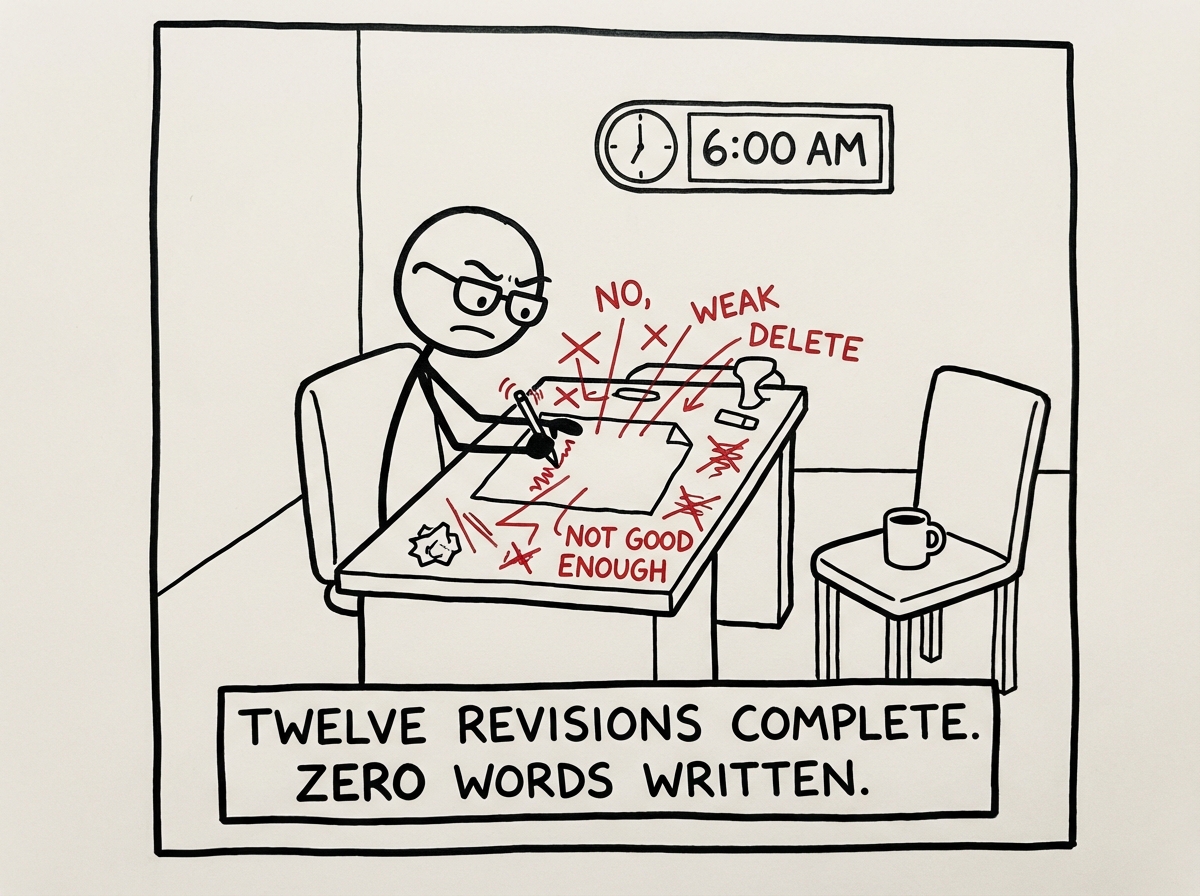 The editor is now furiously scribbling red marks across the blank page -- crossing things out, writing 'NO,' 'WEAK,' 'DELETE,' and 'NOT GOOD ENOUGH' in red ink all over the white paper. The page is covered in red marks but contains zero actual writing underneath. The editor's expression is one of intense, righteous concentration. A clock on the wall shows it is still early morning. The writer's chair remains empty.