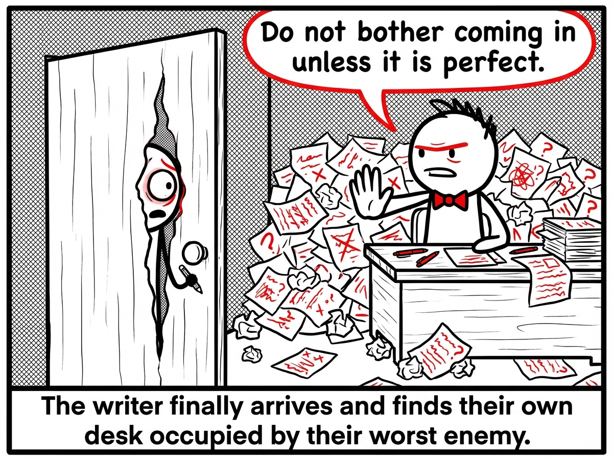 The writer -- a smaller, gentler stick figure holding a pencil -- peeks nervously through a cracked-open door, one eye visible. They see the editor standing over the desk surrounded by a mountain of crumpled, red-marked blank pages. The editor turns toward the door with a stern expression and holds up a hand like a stop sign. A speech bubble from the editor reads 'Do not bother coming in unless it is perfect.' The writer's visible eye is wide with fear.