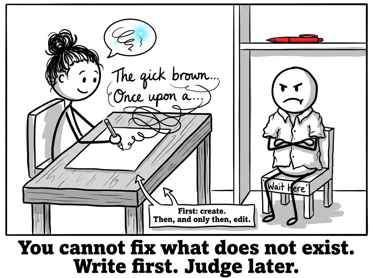 The writer has entered the room and gently but firmly moved the editor to a small chair in the corner labeled 'Wait Here.' The editor sits with arms crossed, fuming, red pen confiscated and placed on a high shelf. The writer sits at the desk with a fresh blank page and begins to write -- the first words are messy and imperfect, but they exist. A small label at the bottom reads 'First: create. Then, and only then, edit.'