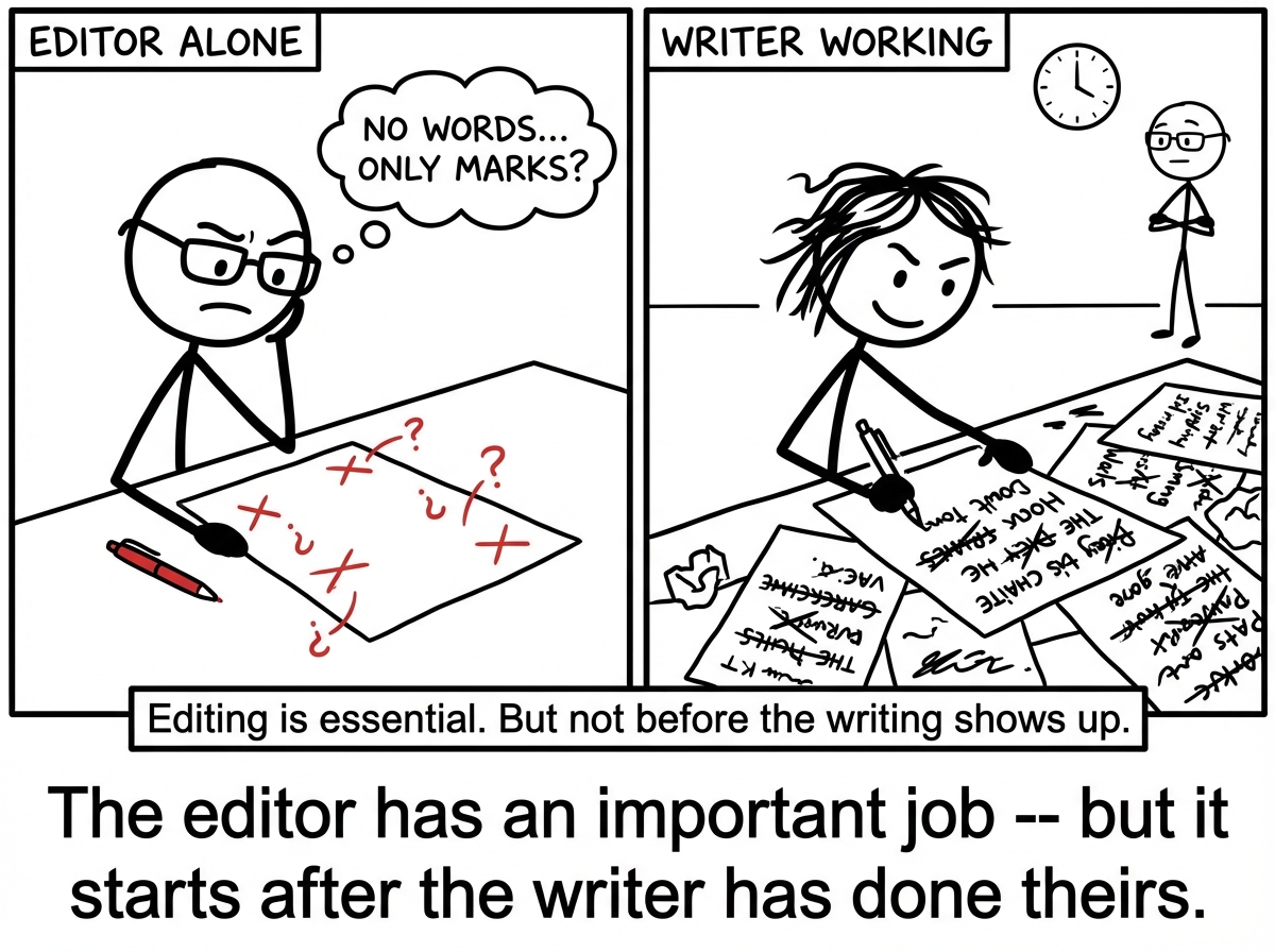 A split image: on the left, the editor alone at the desk with a blank page covered in red marks and zero words written. On the right, the writer at the desk with messy but real words on the page while the editor waits in the corner. A label reads 'Editing is essential. But not before the writing shows up.'