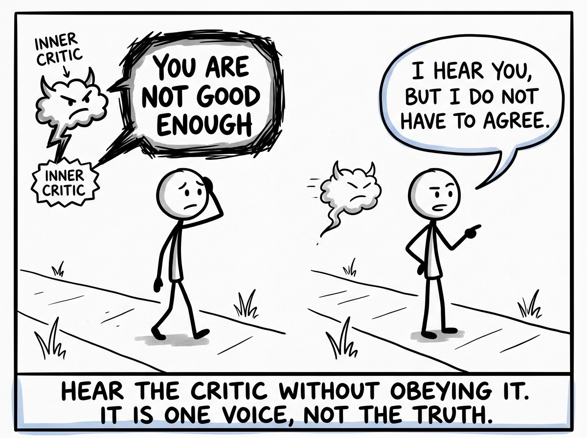 A stick figure hearing the inner critic say 'You are not good enough' and pausing to say 'I hear you, but I do not have to agree'