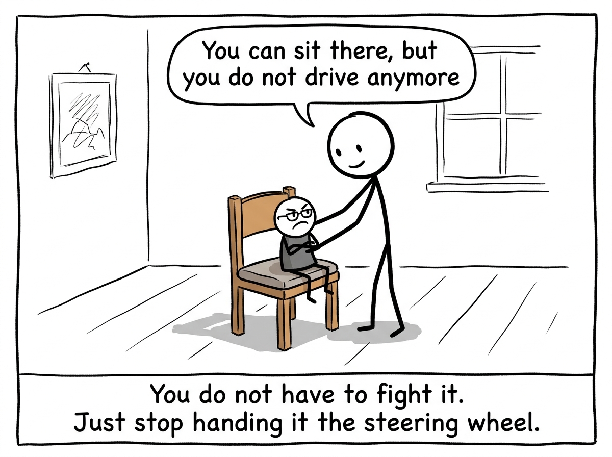 The stick figure gently placing the tiny critic character on a chair, saying 'You can sit there, but you do not drive anymore'