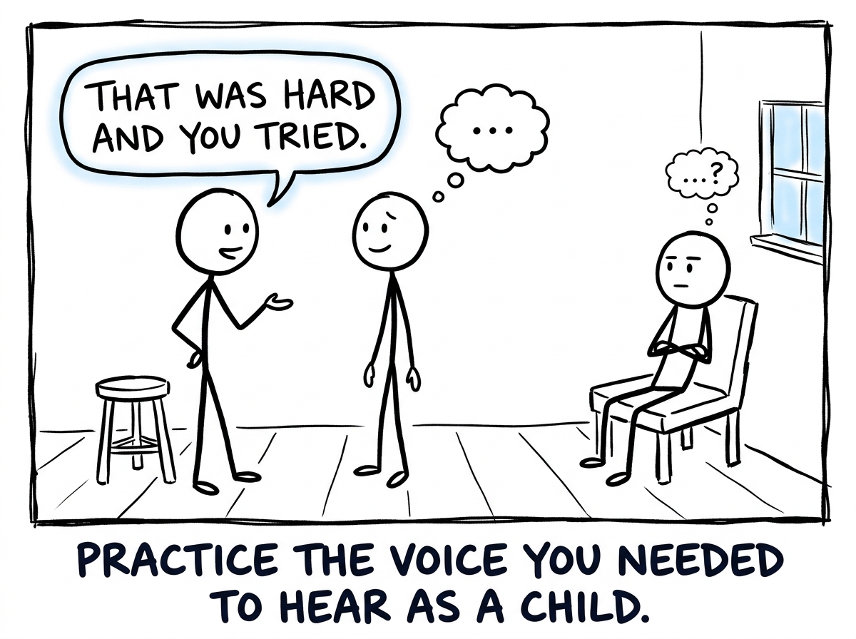 The stick figure speaking to themselves in a different tone: 'That was hard and you tried' while the critic watches quietly from the chair