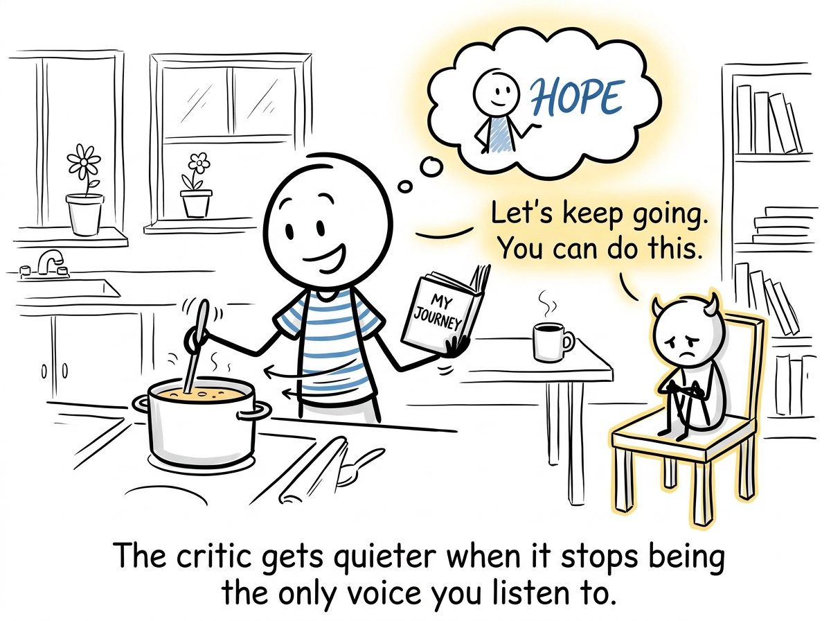 The stick figure going about their day with the critic still on the chair, much smaller now, while a warmer voice guides from within
