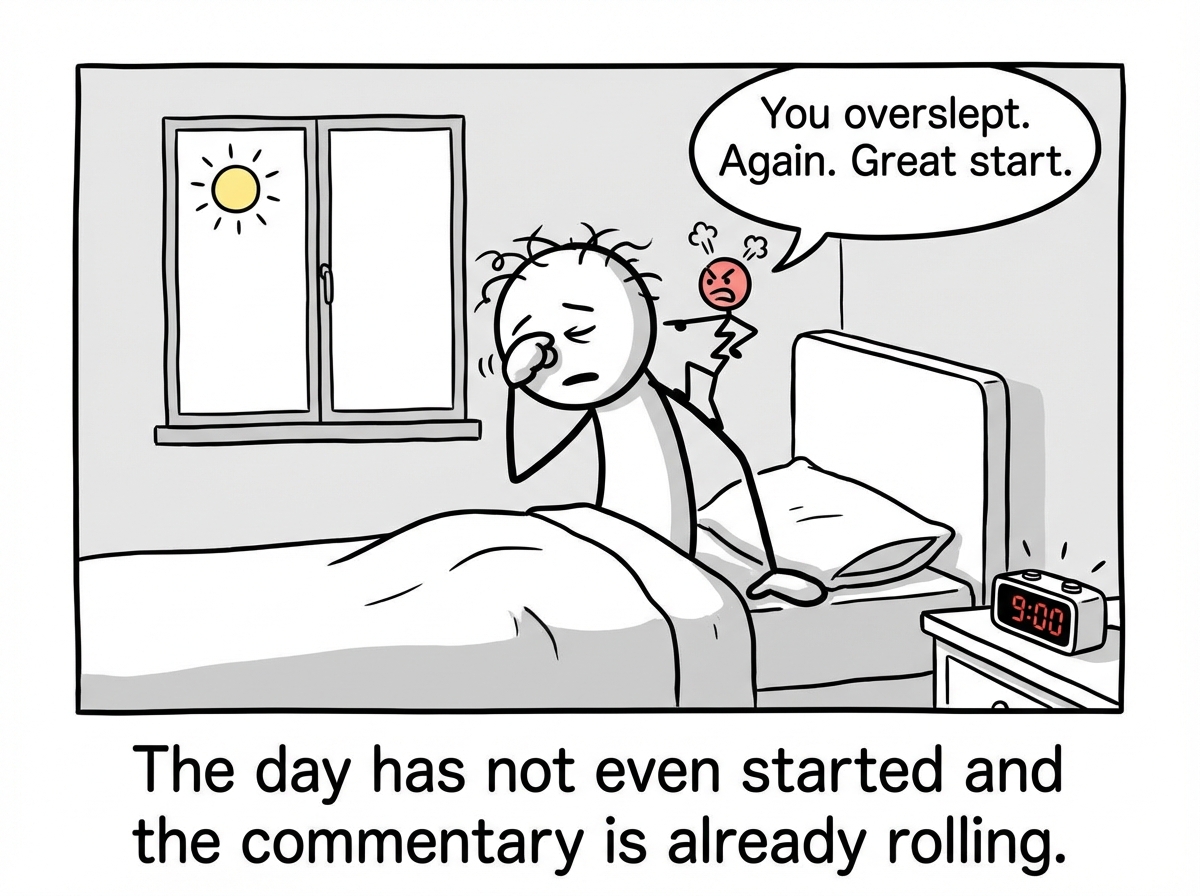 A stick figure waking up in the morning. A small, angry commentator figure sits on their shoulder and immediately says 'You overslept. Again. Great start.'