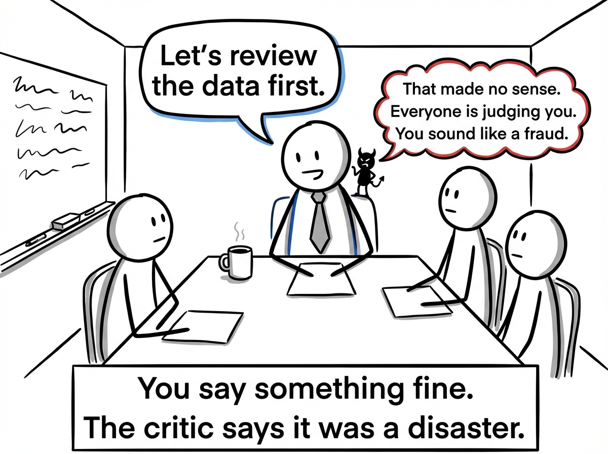 The stick figure in a meeting at work, making a reasonable comment. The commentator whispers 'That made no sense. Everyone is judging you. You sound like a fraud.'