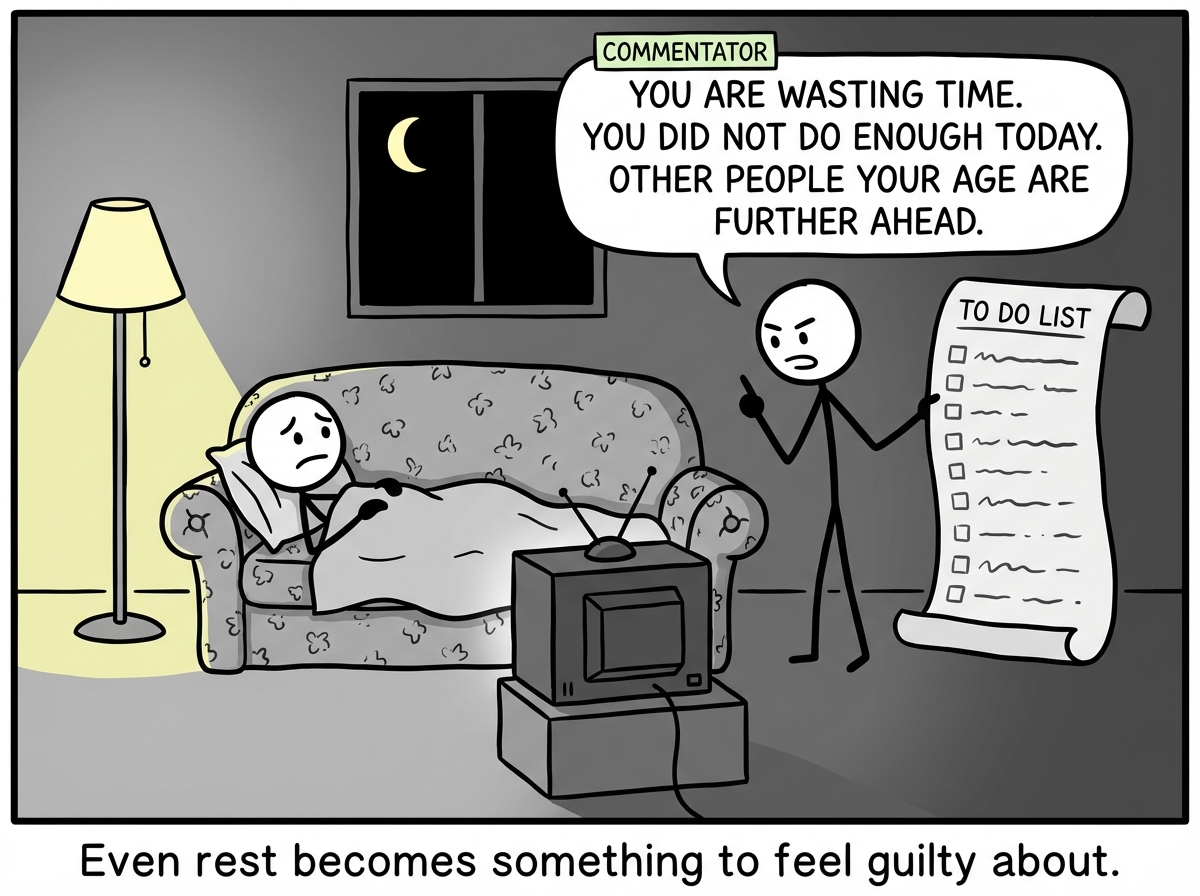 The stick figure trying to relax on the couch in the evening. The commentator is pointing at a to-do list saying 'You are wasting time. You did not do enough today. Other people your age are further ahead.'