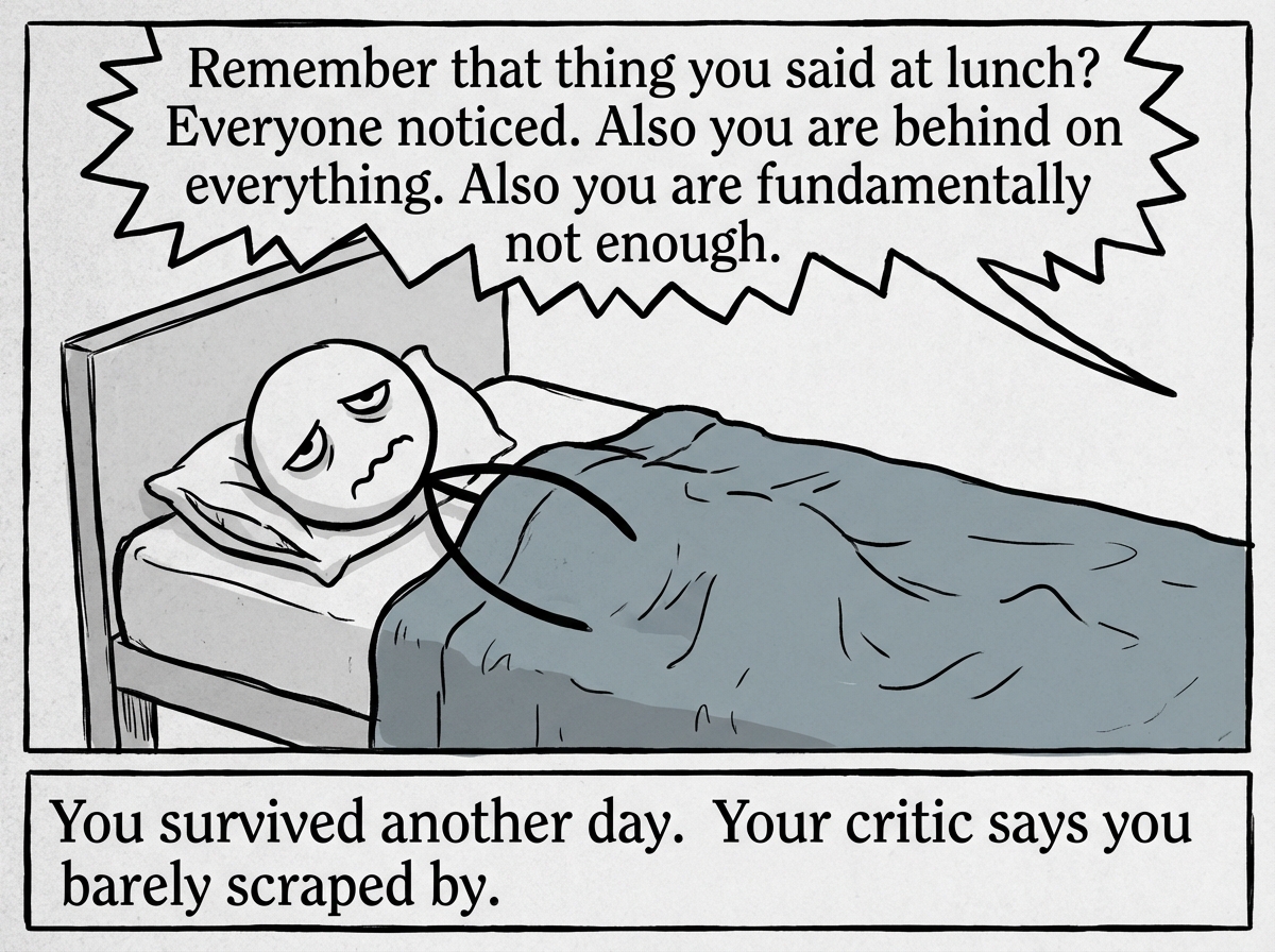 The stick figure lying in bed exhausted. The commentator is still going, now reviewing the entire day: 'Remember that thing you said at lunch? Everyone noticed. Also you are behind on everything. Also you are fundamentally not enough.' The stick figure looks defeated