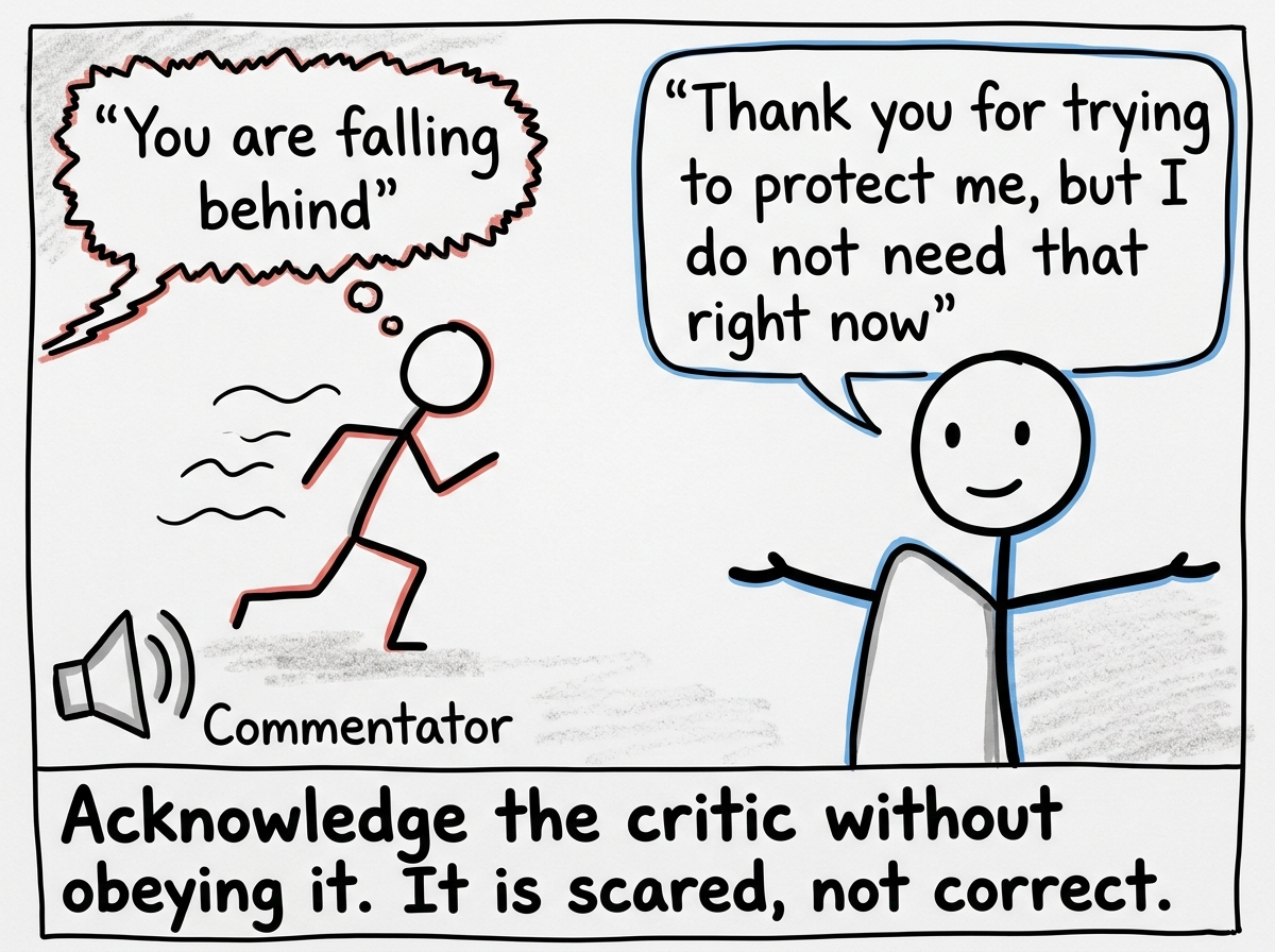 A stick figure hearing the commentator say 'You are falling behind' and responding calmly: 'Thank you for trying to protect me, but I do not need that right now'