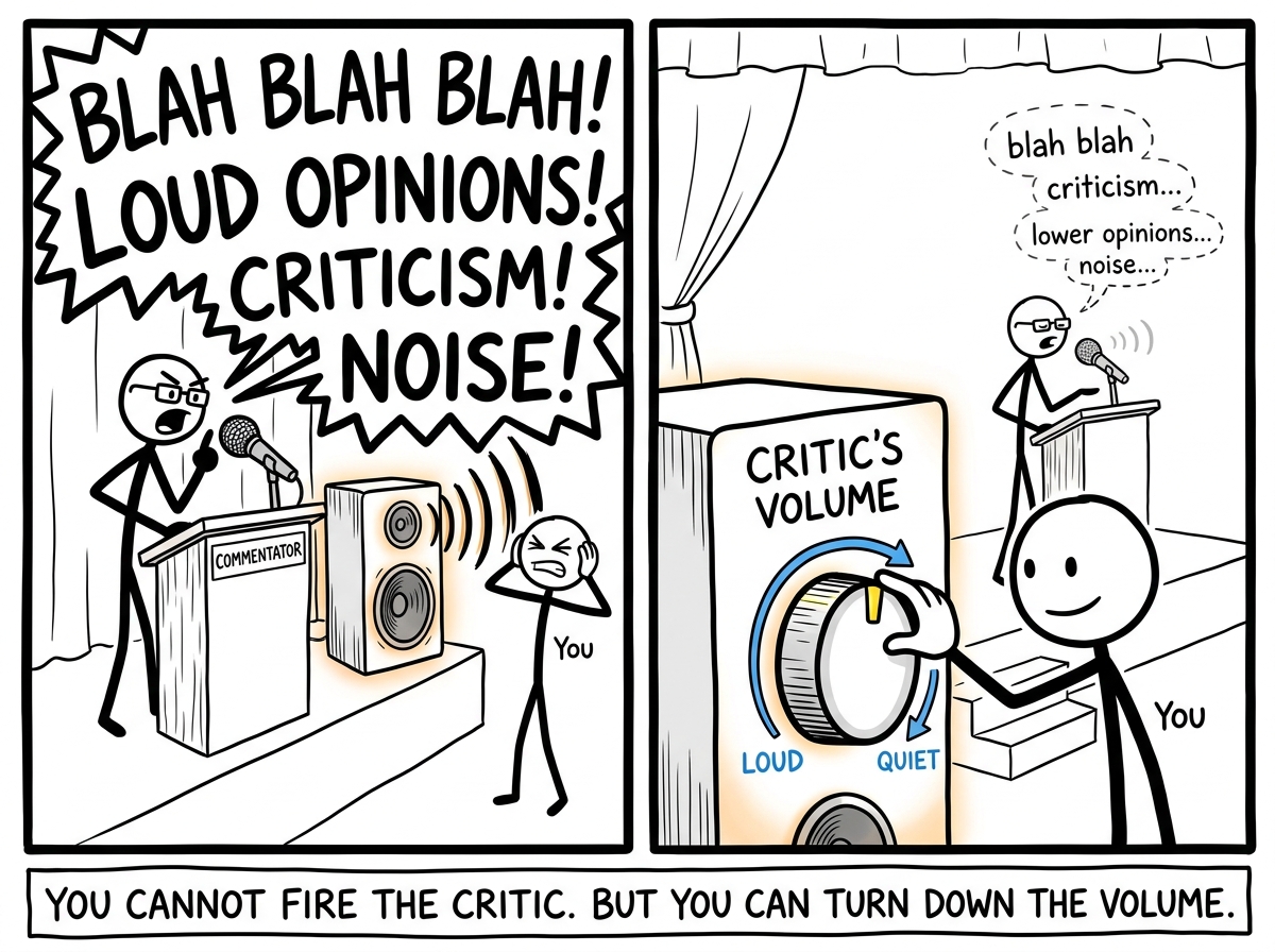 The stick figure turning down the volume knob on the commentator, not silencing it completely, just making it quieter