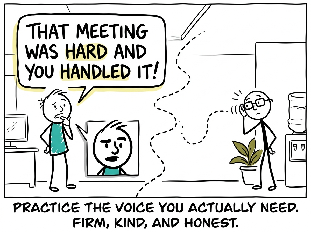 The stick figure speaking to themselves in a different voice: 'That meeting was hard and you handled it' while the commentator listens from a distance