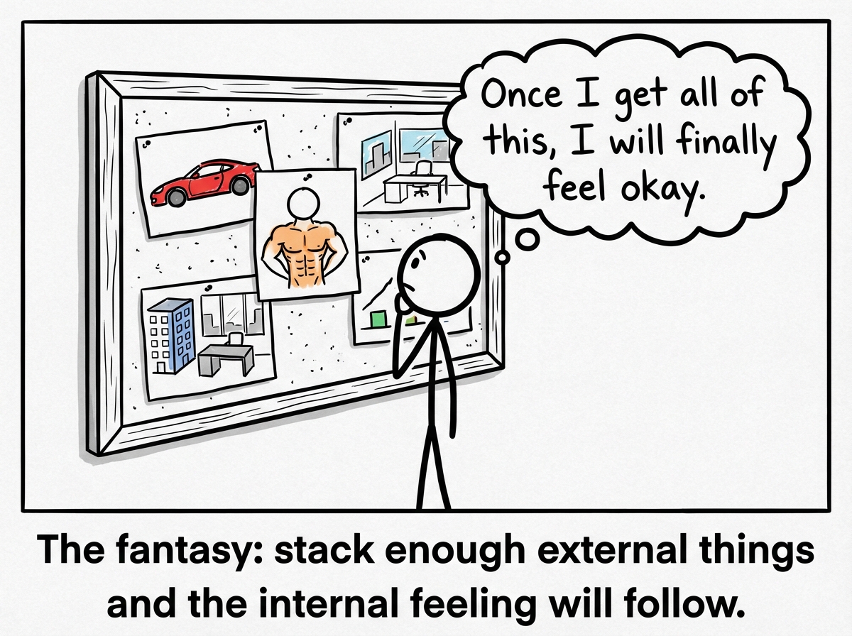 A stick figure standing in front of a vision board covered in luxury items, a six-pack, and a corner office. A thought bubble reads: 'Once I get all of this, I will finally feel okay.'