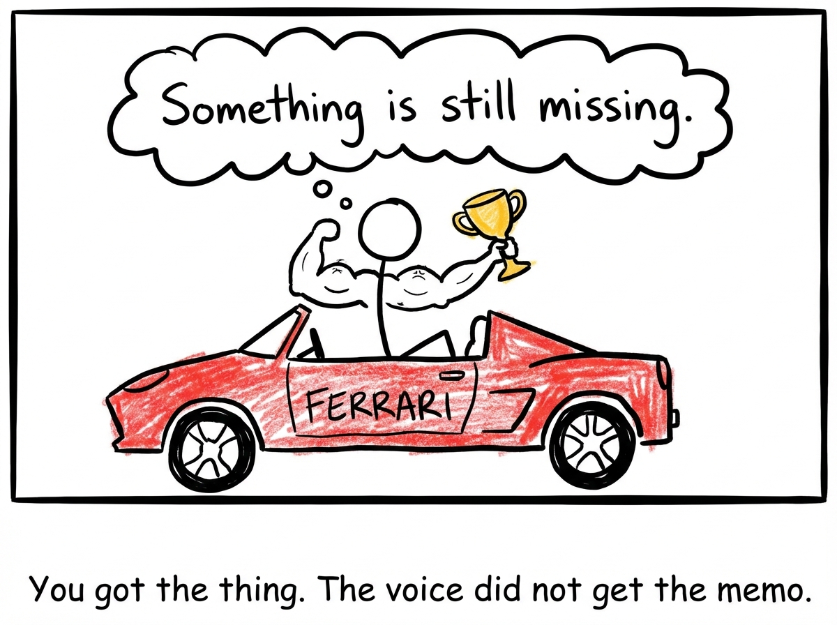 The same stick figure now sitting in a Ferrari, ripped, with a trophy. But their thought bubble still reads: 'Something is still missing.' The inner voice has not changed.