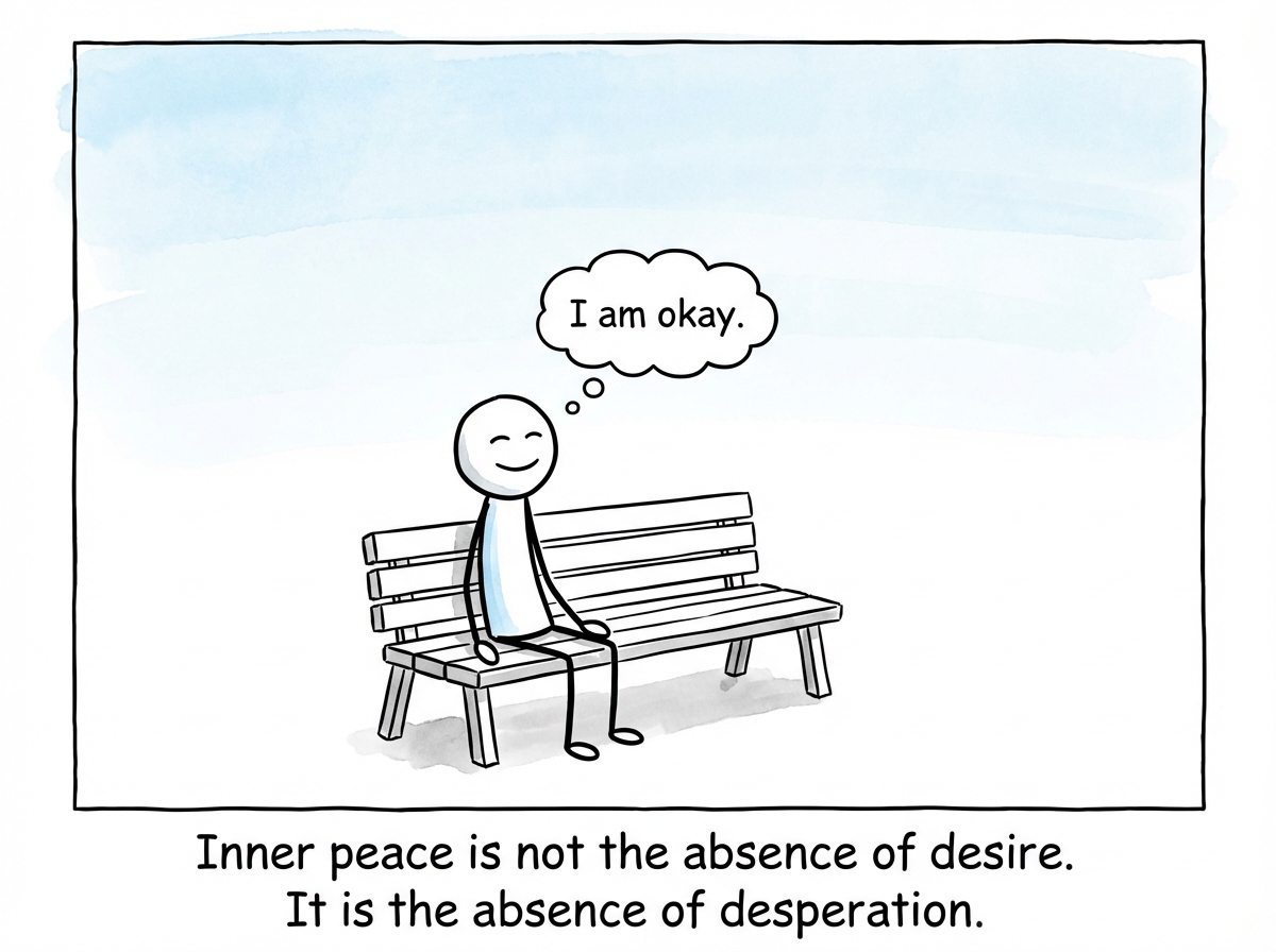 A stick figure sitting quietly on a bench, no possessions around, with a calm expression and a thought bubble that simply says 'I am okay.' The sky is clear.