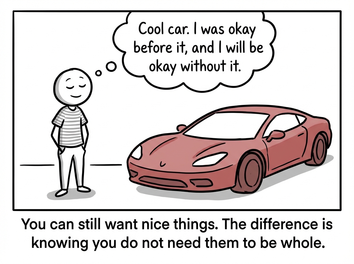 The same calm stick figure now standing next to a Ferrari with a relaxed smile. Thought bubble: 'Cool car. I was okay before it, and I will be okay without it.'
