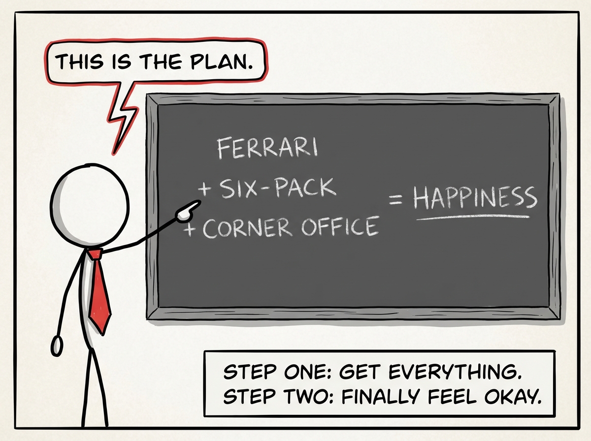 A stick figure stands in front of a chalkboard with an equation: Ferrari + Six-Pack + Corner Office = Happiness. They are pointing at it confidently, saying 'This is the plan.'