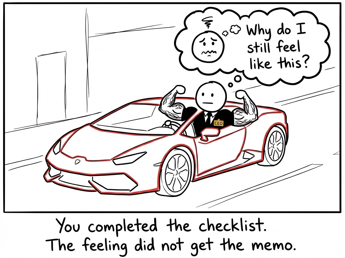 The same stick figure now has all three -- sitting in a sports car, visibly muscular, wearing a suit with a CEO badge. But their thought bubble shows the same anxious face saying 'Why do I still feel like this?'