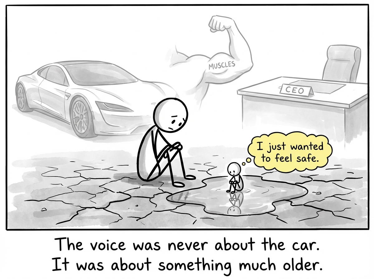 The stick figure sits on the ground surrounded by the car, the muscles, the title -- all grayed out. They are looking at their own reflection, which is a small child version of themselves saying 'I just wanted to feel safe.'