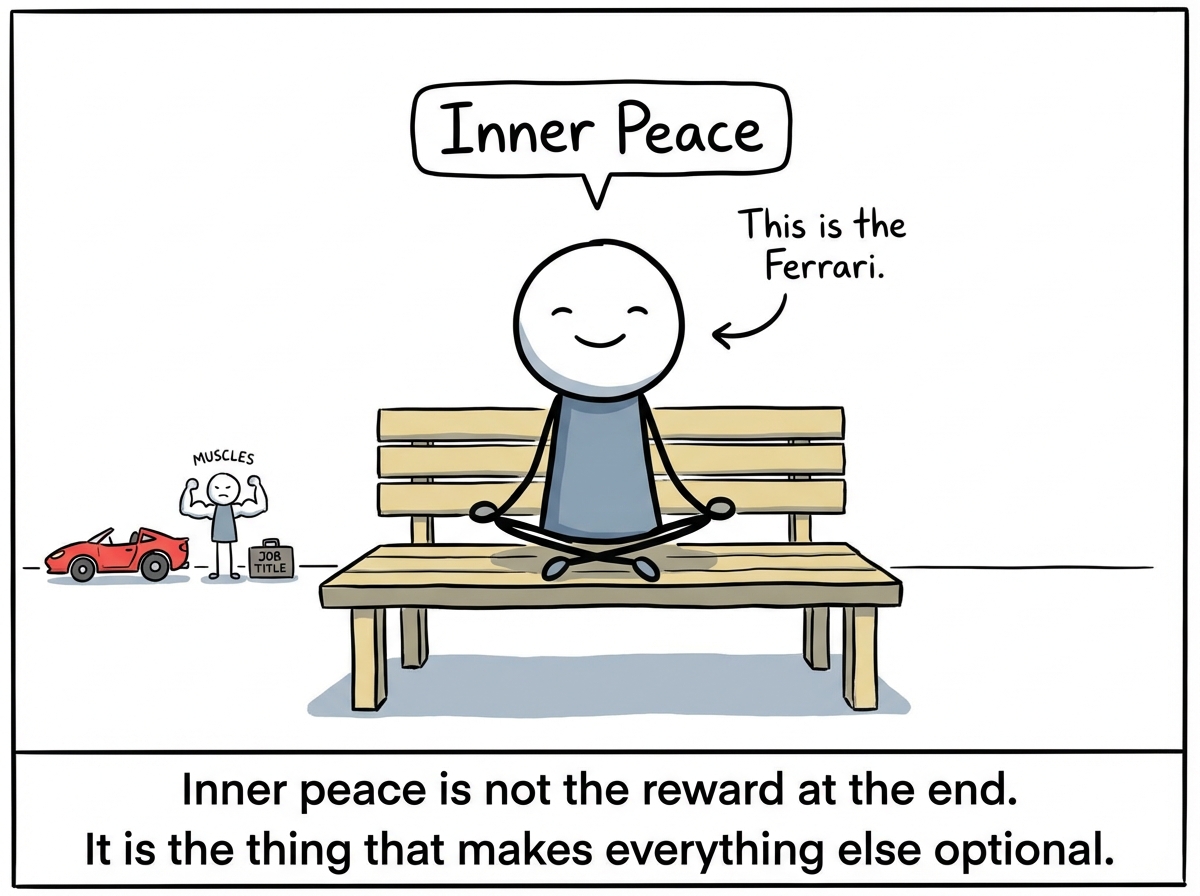 The stick figure sits calmly on a bench with a peaceful expression. The Ferrari, muscles, and title are tiny in the background, optional. A label above the figure reads 'Inner Peace' with a small arrow pointing to them saying 'This is the Ferrari.'