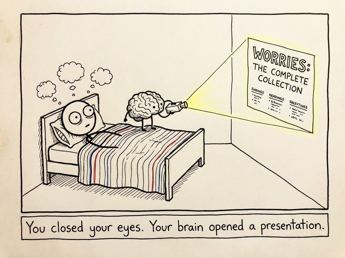 A tired stick figure lying in bed with eyes closed, a peaceful expression on their face, pillow fluffed, blanket pulled up -- while behind them, their brain (drawn as a small figure at a podium) boots up a projector screen titled 'TONIGHT'S WORRIES: A Comprehensive Presentation.'