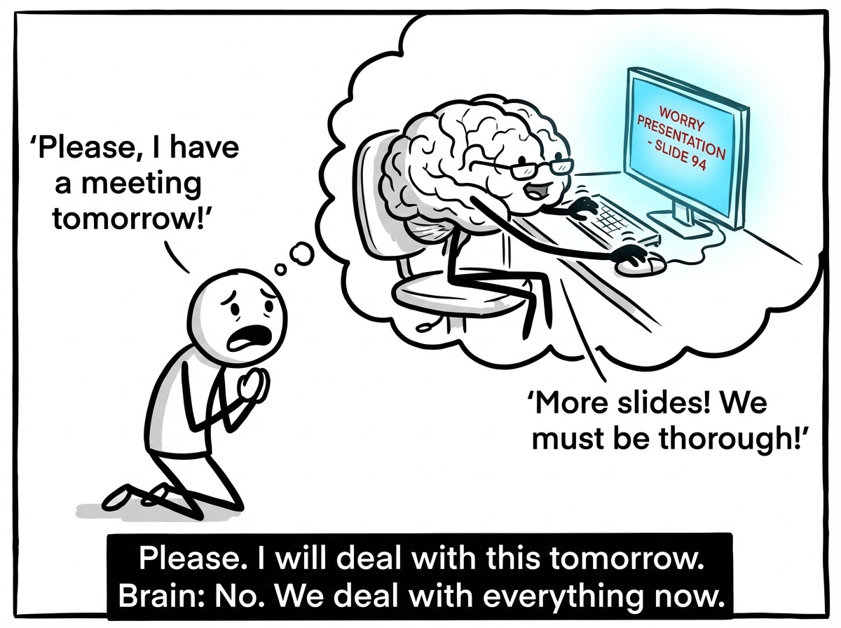 The stick figure's eyes are now wide open as the brain figure clicks through slides on the projector: 'Slide 1: That thing you said in 2014,' 'Slide 2: Your finances,' 'Slide 3: Is that mole new?' The stick figure holds up their hands pleading, a speech bubble reading 'Please, I have a meeting at 8 AM.'