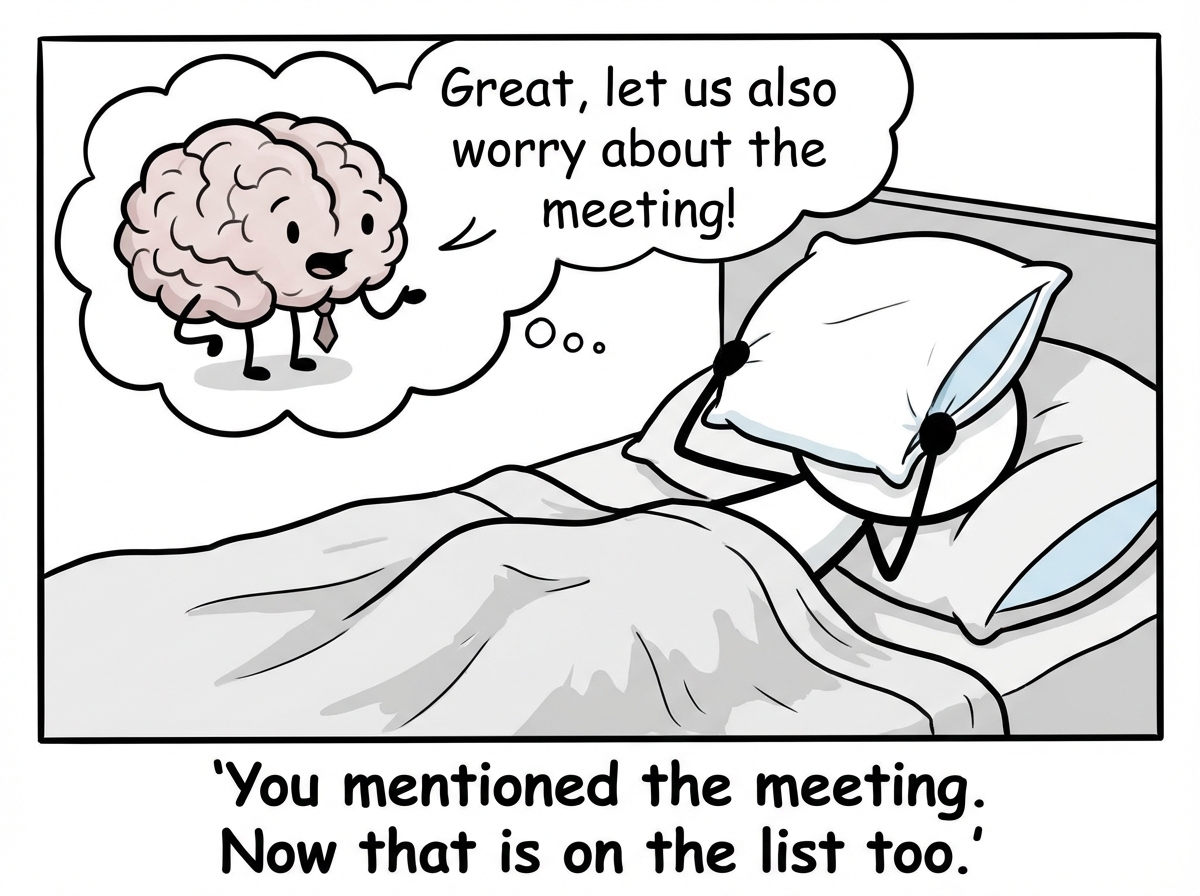 The stick figure sitting up in bed, gesturing desperately at the brain figure, who has now added a new slide titled 'Slide 47: What If the Meeting Goes Badly and You Get Fired?' The brain figure smiles and points at the slide with a laser pointer.