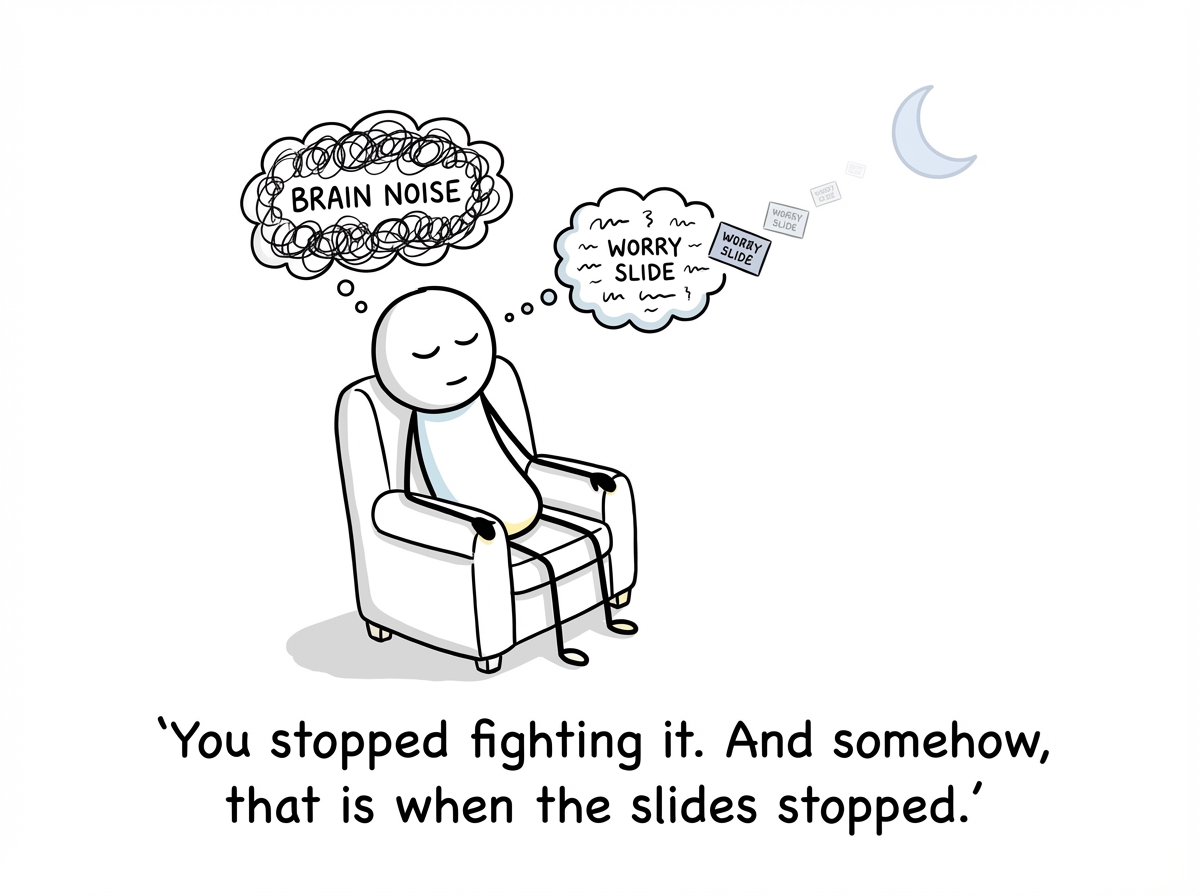 The stick figure lying back down with a calm, resigned expression, eyes half-closed, while the brain figure is still talking at the podium but the projector screen is flickering and dimming. The stick figure's speech bubble reads 'Fine. Present away. I'm not fighting you anymore.' The brain figure looks confused.