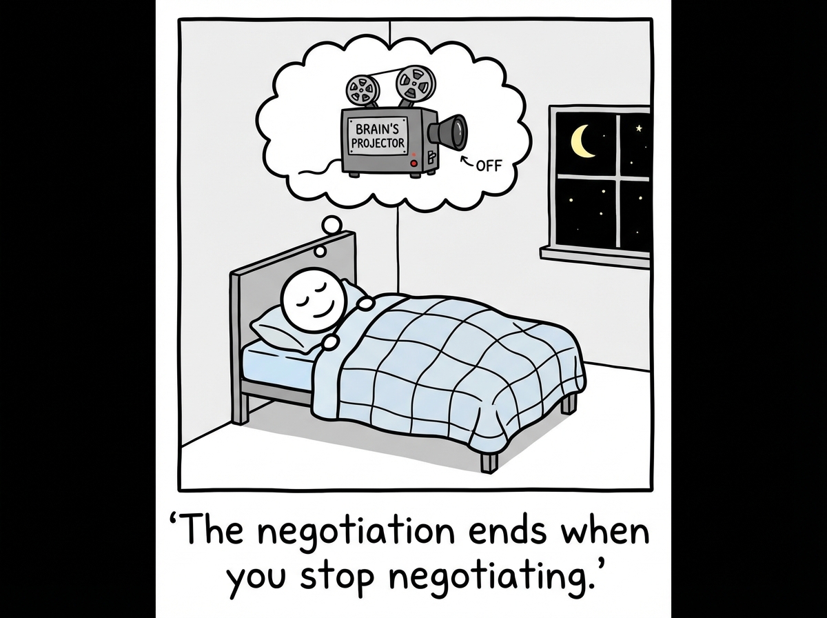 A stick figure lying in bed with a thought bubble showing a racing worry, but instead of engaging, the figure simply observes the thought like watching a cloud pass by, with a calm expression.