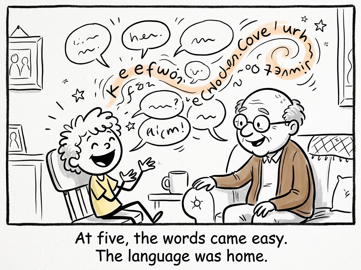A child happily chattering with their grandparent in the family's language, both of them laughing and connected, words flowing easily between them