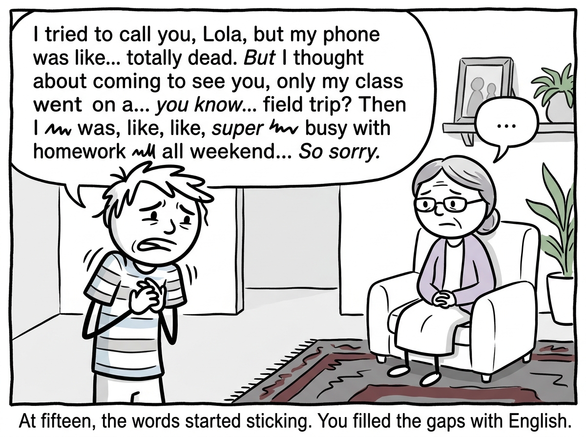 The same person as a teenager, now struggling to respond to their grandparent, mixing English into sentences, the grandparent looking patient but sad