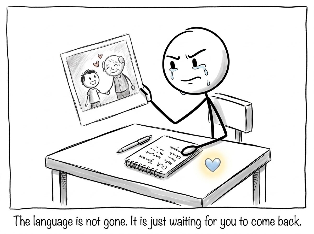 The adult holding an old photo of themselves as a child with the grandparent, beginning to study the language again, with a notebook open and a determined but tearful expression