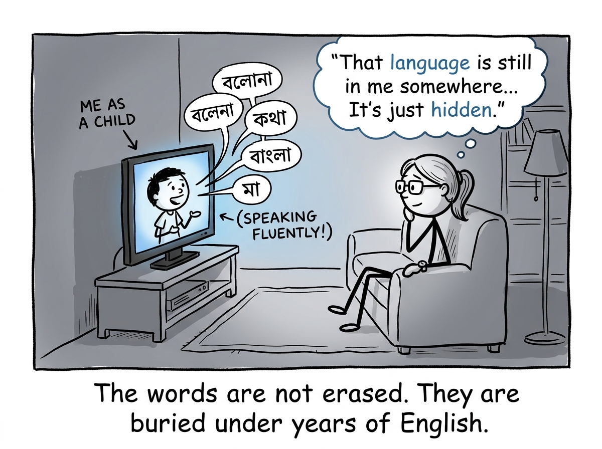 An adult looking at an old family video of themselves as a child speaking the mother tongue fluently, realizing 'That language is still in me somewhere'