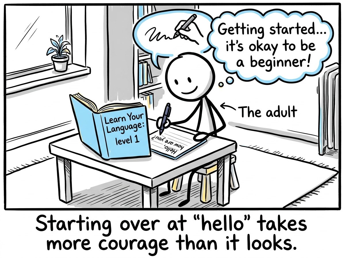 The adult opening a beginner's textbook in the family language, writing a simple sentence with shaky handwriting, letting themselves be a learner without shame