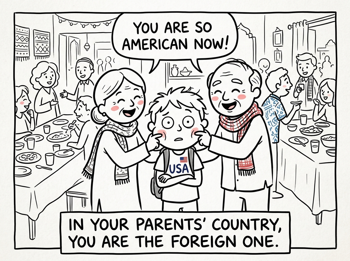 A child at a family gathering in their parents' home country, relatives pinching their cheeks and saying 'You are so American now' while the child looks confused