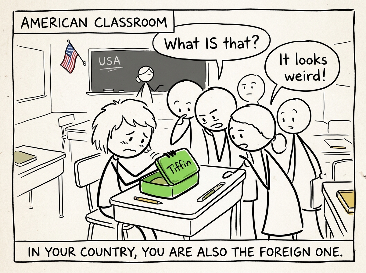 The same child at school in America, classmates staring at their lunch and asking 'What IS that?' while the child tries to hide the container