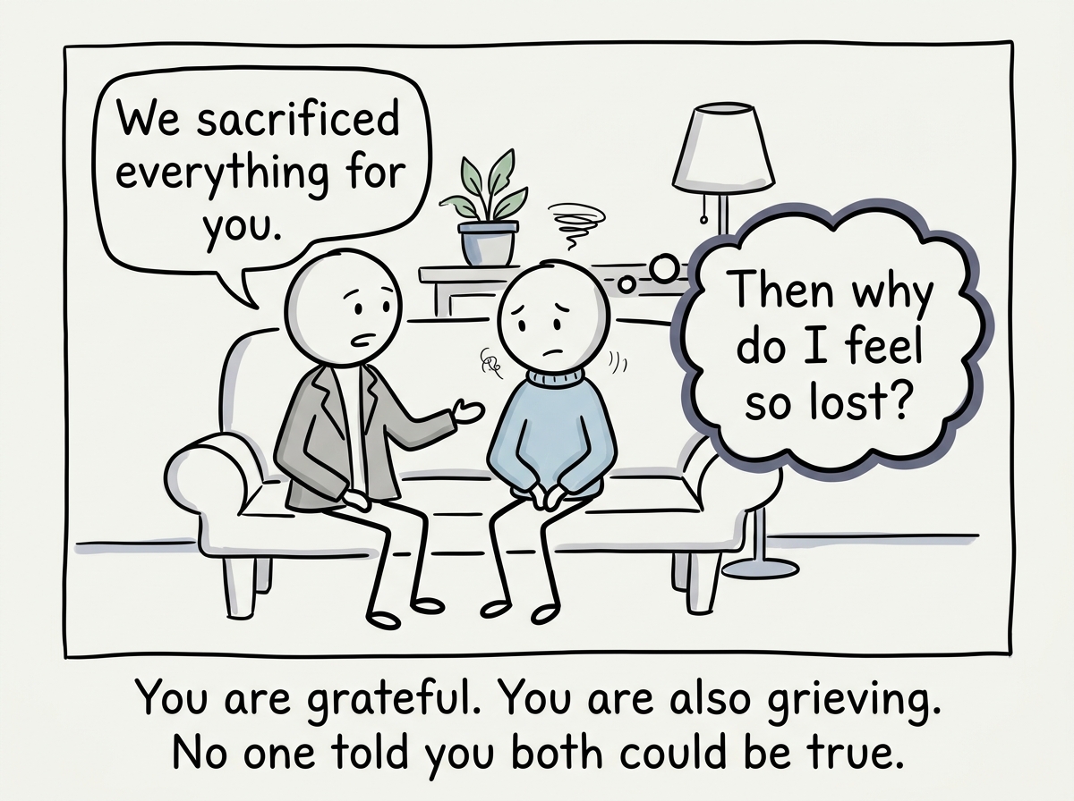 The child as a young adult, sitting between their parent who says 'We sacrificed everything for you' and their own thought bubble that says 'Then why do I feel so lost?'